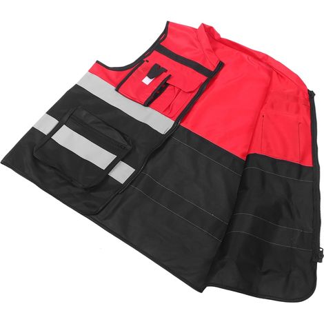 Gilet de Sécurité Réfléchissant en Nylon, Léger, Bande Réfléchissante et Fermeture à Scratch, pour Travail et Activités de Plein Air Léger, Fermeture Éclair, Poche Extérieure, Rouge et Noir, pour Fem (1/5)