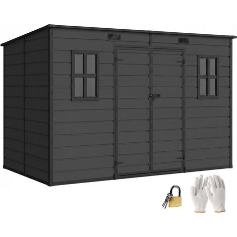 Outsunny 10 x 6 ft Plastic Garden Shed with Floor, Lockable Doors, Dark Grey (1/5)
