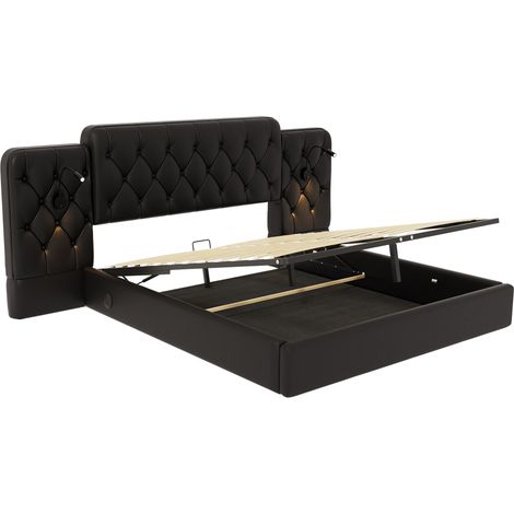 Cama con arcón 160 x 200 cm de PU negro con cabecero alargado, luces LED y USB (1/5)
