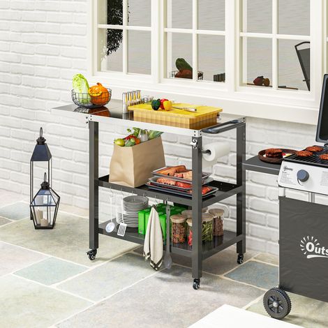 Chariot service barbecue jardin plan travail étagères latérales pliantes roues 116x50x86cm, noires (1/4)