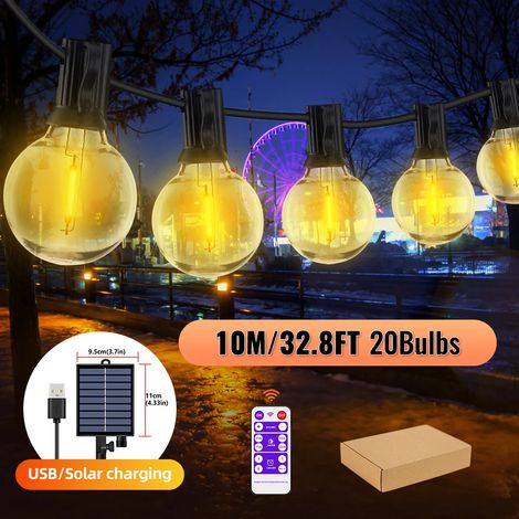 (10 m, 21 ampoules) Guirlande lumineuse solaire d'extérieur, lampes de jardin G40, résistante aux intempéries, convient aux jardins. (1/5)