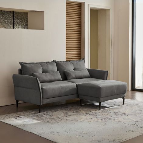 Drei-Sitzer Sofa Nutmeg mit Pouff in dunkelgrauem Stoff