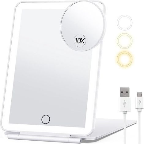 Miroir de maquillage LED – Blanc – Pliable – 3 couleurs – Intensité variable – Rechargeable – Voyage (1/5)