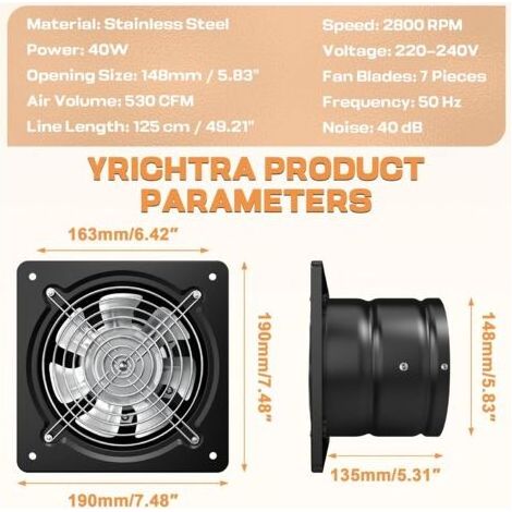 150 mm Extracteur d'Air Chaud 525m³/h– Puissant, Silencieux, et Efficace Valve Anti-Retour Prévention de l'Humidité et Refroidissement Idéal pour Cuisine, Salle de Bain, Noir (1/5)