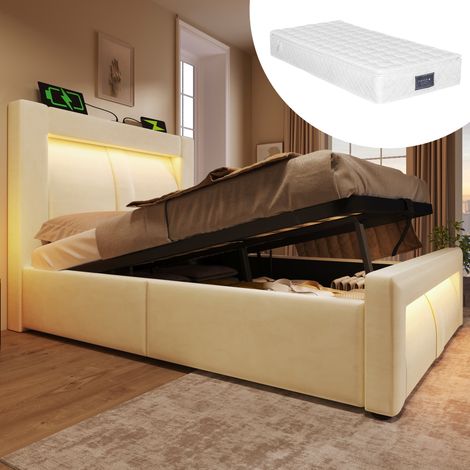 cama cama dormitorio con almacenamiento LED beige OKMYHOME (1/5)