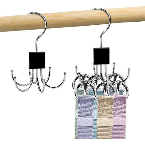 Lot de 2 organiseurs de ceintures, en métal, rotatifs à 360 °, pour penderie, gain de place, rangement à suspendre, porte-écharpe, cravates, noir (1/5)