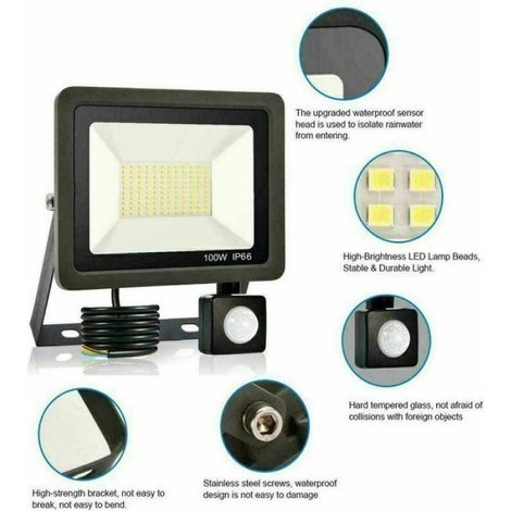 Projecteur LED Extérieur - 100 W - Détecteur De Mouvement - IP65 - 60000 Lm - Blanc Froid - Pour Jardin Garage Terrain Sport - 1 Pièce (1/5)