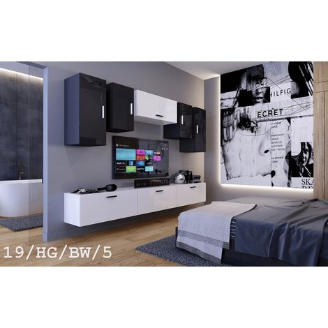 Ensemble meuble TV CONCEPT 19-HG-BW-5-1B blanc-noir brillant 276 cm