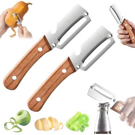 x Éplucheur à légumes professionnel, éplucheur 2 en 1 en acier inoxydable, manche en bois, lame large, ouvre-bouteille intégré, outil de cuisine pour pommes de terre, carottes, concombres, pommes et f (1/5)