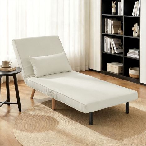 Fauteuil convertible 3 en 1, canapé-lit 1 place avec dossier inclinable sur 5 niveaux, en textile beige crème avec coussin intégré.