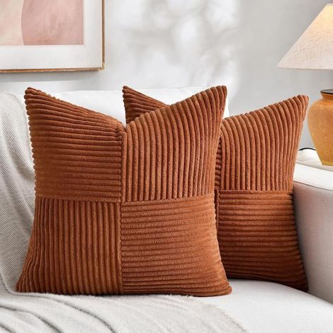 Set of 2 decorative cushion covers in a bohemian rust style, made of soft corduroy, with a textured terracotta patchwork pattern, 45 x 45 cm