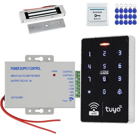 Système de contrôle d'accès extérieur étanche RFID Kit clavier (carte d'identité/mot de passe) + gâche électrique 180 kg + bloc d'alimentation + 10 porte-clés pour porte de sécurité (bois/métal (1/5)