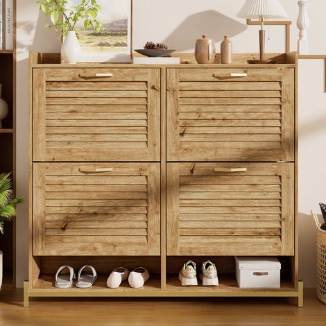 Meuble à chaussures 108.5 x 24 x 100 cm, meuble d'entrée 4 abattants à persiennes, 2 niches, MDF et métal, bois naturel (1/5)