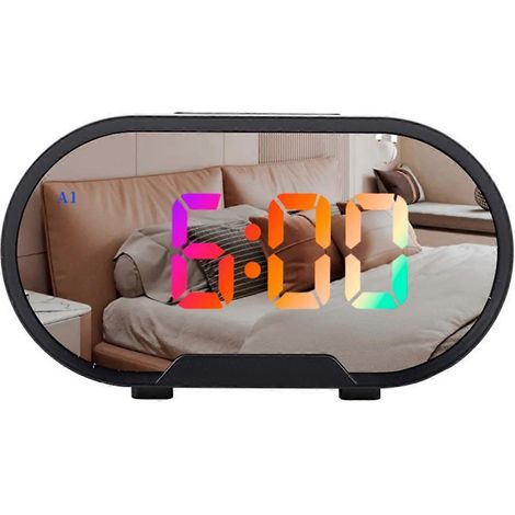 Spiegeluhr, Digitaluhr mit USB-Ladeanschluss, LED-Anzeige, schwarz