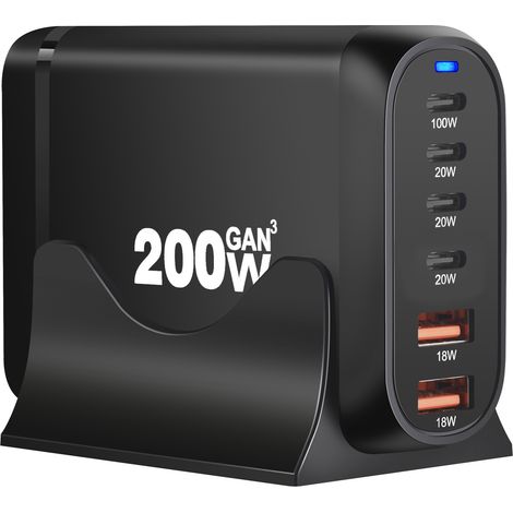Chargeur USB-C 200 W à 6 ports, charge rapide, chargeur multi-appareils, compatible avec iPhone, iPad, MacBook Pro et téléphones portables, noir (1/4)