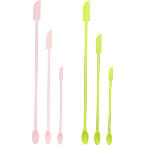 Juego de 6 espátulas de silicona, cuerpo largo, cabeza estrecha, núcleo metálico, para tarros de cosméticos y alimentos. (1/5)