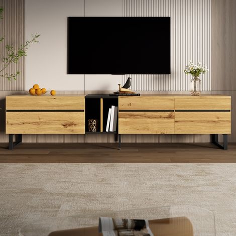 Meuble TV Scandinave 180 cm avec Porte Battante, Niches Ouvertes et 2 Portes – Meuble Bas de Salon Minimaliste, Buffet Bas et Meuble - Naturel (1/5)