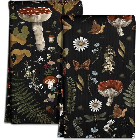 lingettes Microfibre torchons de Cuisine – 2 pièces torchons 45 x 66 cm, Serviettes de Printemps avec Motif Champignon Noir, Douces et absorbantes, Design esthétique, Accessoires de (1/5)