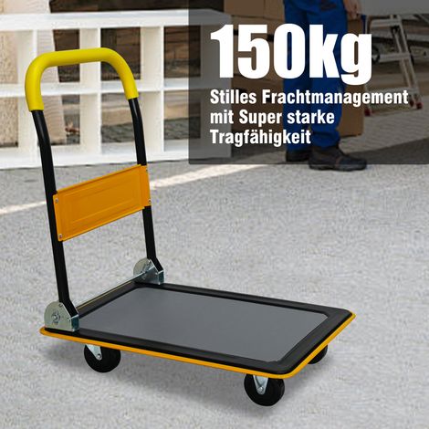 Chariot plateforme jaune, diable roulant 150 kg, 4 roues pivotantes 360°, pliable pour transport et stockage, charge lourde, usage entrepôt (1/5)
