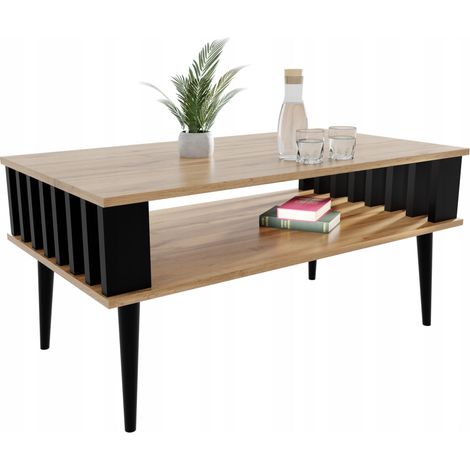 Table basse Wotan en chêne lamellé avec étagère pour le salon (1/5)