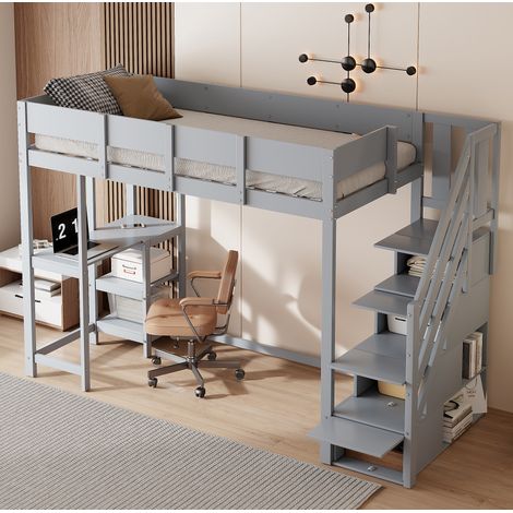 DESVIAE Lit mezzanine enfant avec rangement étagère escalier et bureau 90 x 200 cm en bois gris (1/5)