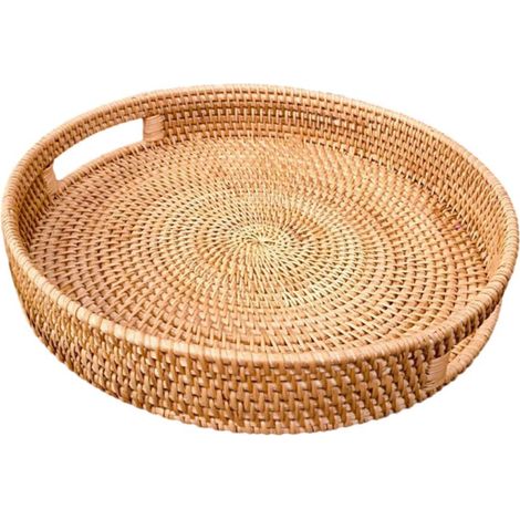 Plateau de service en rotin avec poignées, diamètre 30 cm, panier tressé à la main (1/5)