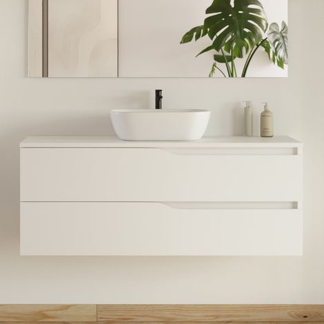 Meuble de salle de bain 120cm avec plateau et vasque à poser zeus - 2 tiroirs - sans miroir - blanc - LUNA (1/5)