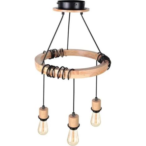 3lampes Lustre Suspension Industrielle, Suspension Luminaire avec Anneau Bois 40cm,Lampe Plafonnier Réglable Vintage pour (1/4)