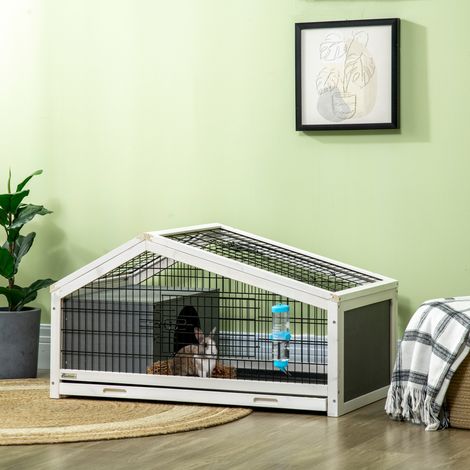 Clapier en bois avec abri et espace ouvert - 90x53x50cm - cage pour 1 lapin avec plateau retirable - gris foncé