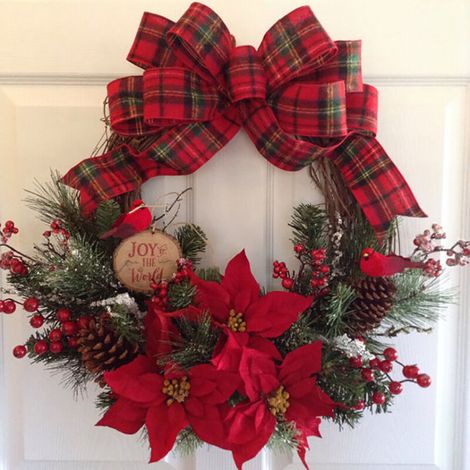 Couronne de Noël 30cm Ruban Plaid Rouge et Noir avec Grandes Fleurs Rouges, Couronne de Noël Décoration Murale pour Fenêtre (1/4)