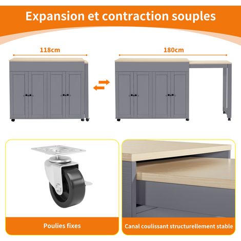 Table de salle à manger moderne, pouvant être déplacée ( dimensions : 118–180 × 50 × 94 cm ). Table de salle à manger avec un espace de rangement. Six surfaces de stockage disponibles. (1/5)