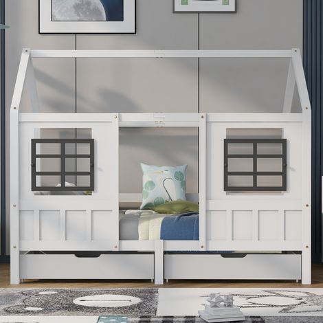 Lit cabane enfant blanc 2 tiroirs + 2 fenêtres - Cadre pin & MDF - Simple & lit de jour - 200x90cm (sans Matelas) (1/5)