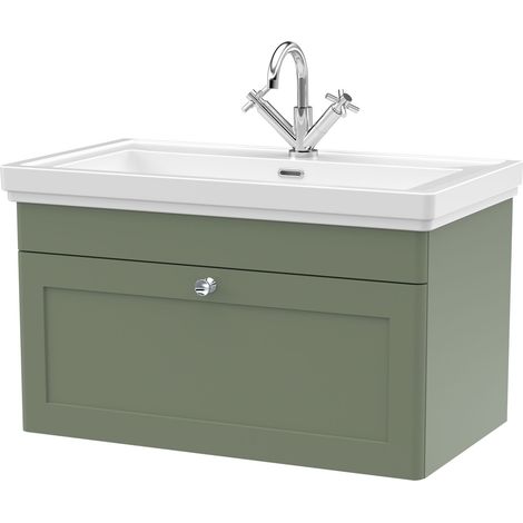 Balterley Swynnerton Traditional Bathroom Wall Hung 1-Drawer Vanity Unit & Fireclay Basin, Satin Green, 800mm (1/5)