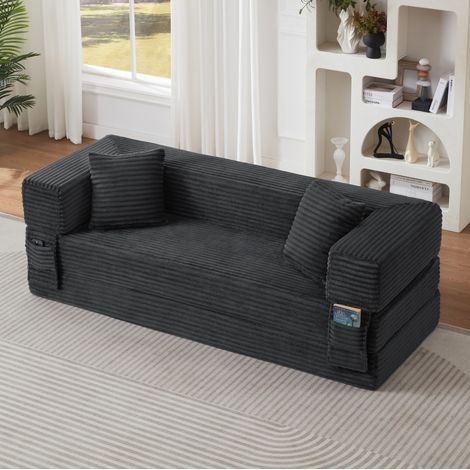 Divano letto convertibile grigio scuro in foam con rivestimento effetto cord e design squadrato (1/5)