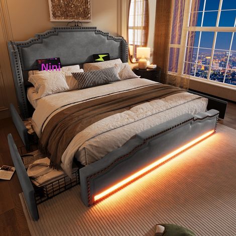 Letto imbottito 140x200 cm con LED, USB-C, 4 ampi cassetti, testiera in velluto, rete inclusa, grigio (senza materasso) (1/5)