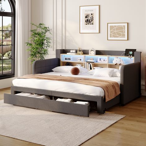 Lit banquette 90x200 cm extensible avec tiroirs, rangement intégré et éclairage LED, côtés rembourrés, structure en lin et MDF - Gris (1/5)