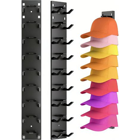 Support Pour Casquettes - 2 Pièces - Fixation Murale Auto-Adhésive ou Visée - Capacité 9 Casquettes Par Support - Pour Porte Armoire ou Mur Lisse - Noir (1/5)