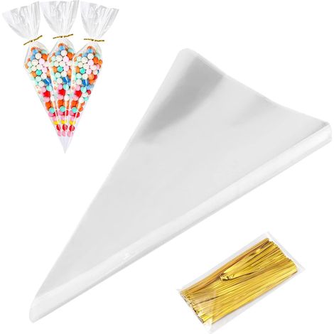 Lot de 100 sachets à bonbons transparents - 25 x 13 cm - Avec 100 attaches - En cellophane transparent - Pour bonbons, chocolat, biscuits, pop-corn