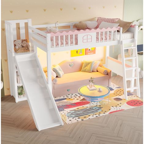 Lit mezzanine enfant 246,5/188,5/171 cm blanc en pin avec toboggan et rangements (1/5)