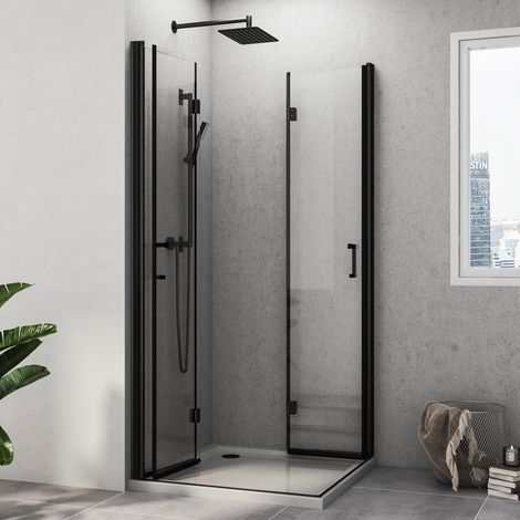 Duschkabine 70x90 cm Schwarz Eckeinstieg Duschkabine Falttür Eckdusche Drehfalttür Dusche Duschwand aus 6mm NANO ESG Sicherheitsglas, H:195cm