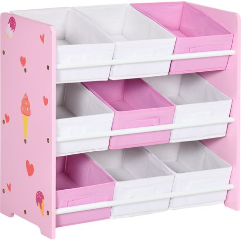 Armoire rangement enfants 9 paniers amovibles meuble jouets bois tissu MDF 63x30x60 cm rose blanc (1/5)