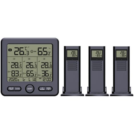 Thermomètre Hygromètre Numérique avec 3 Capteurs Sans Fil Écran LCD Rétroéclairé Température Humidité Station Météo Heure Date Semaine Alarme Dépassement de Limite pour Intérieur Extérieur (1/5)