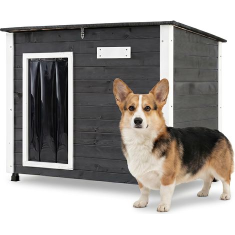 COSTWAY Niche pour Chien Exterieur en Bois, Chenil pour Chien, Toit Ouvrant Bitumé, PVC Rideau, Plaque Nominative, Base Surélevé, pour Moyen et Petit Animaux, 85 x 56 x 64 cm