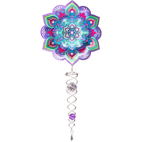 Éolienne Décorative Mandala Fleur de Lotus en Acier Inoxydable et Spirale de Cristal 60 cm - PANGIVO