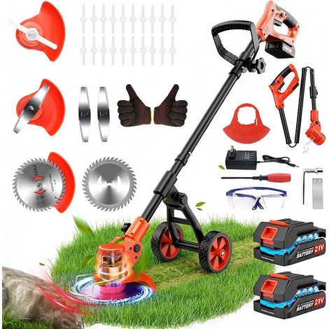 21V Cordless Electric Brushcutter with 2 x 2.0Ah Batteries, Charger and Removable Wheels, Cordless Edge Trimmer with Battery for Mowing Garden and Lawn (1/5)