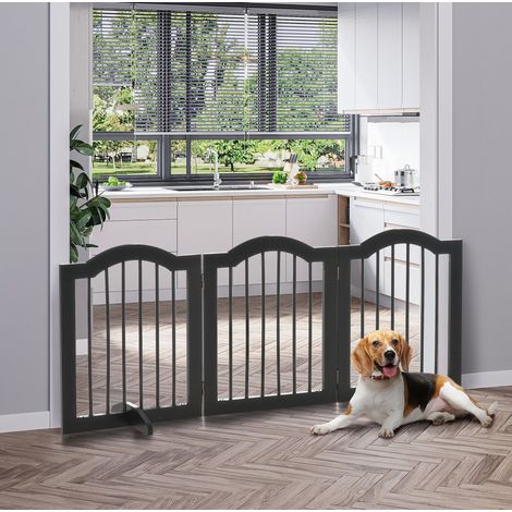 Barrière de sécurité pour chien pliable 3 panneaux avec 2 pieds, bois MDF noir, 154,5 x 61 cm (1/5)