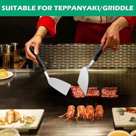 Espátula metálica de 2 piezas，Espátula de acero inoxidable para sartén，25 x 12 cm，Mango de plástico，Sartén plana teppanyaki，Utensilio para fogata (1/4)