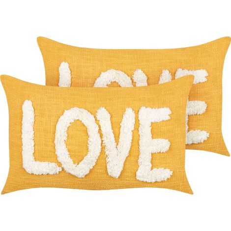 Lote de 2 cojines decorativos fabricados en algodón en color amarillo 30 x 50 cm Love (1/5)