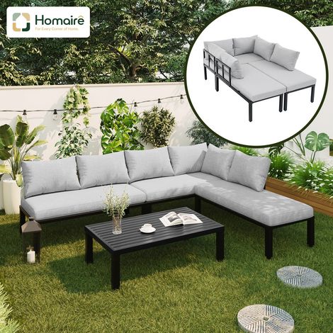 HOMAIRE Ensemble de salon de jardin 6 places avec cadre en fer galvanisé, pieds réglables, dossier amovible et table en fer galvanisé, gris