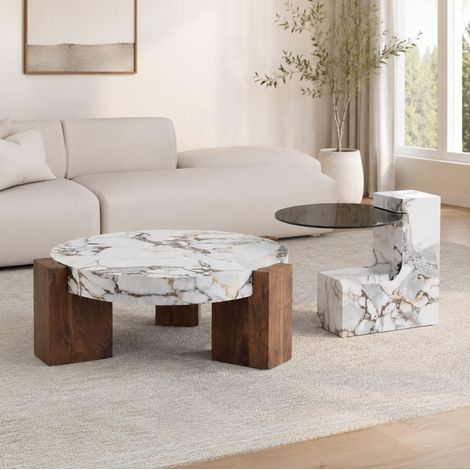 Mesa de centro nido Ø61 cm de MDF y vidrio templado blanco efecto mármol - CHICFURN (1/5)